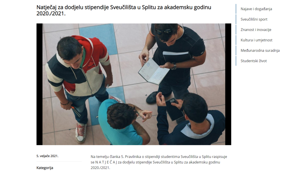 Natječaj za dodjelu stipendije Sveučilišta u Splitu za akademsku godinu 2020./2021.